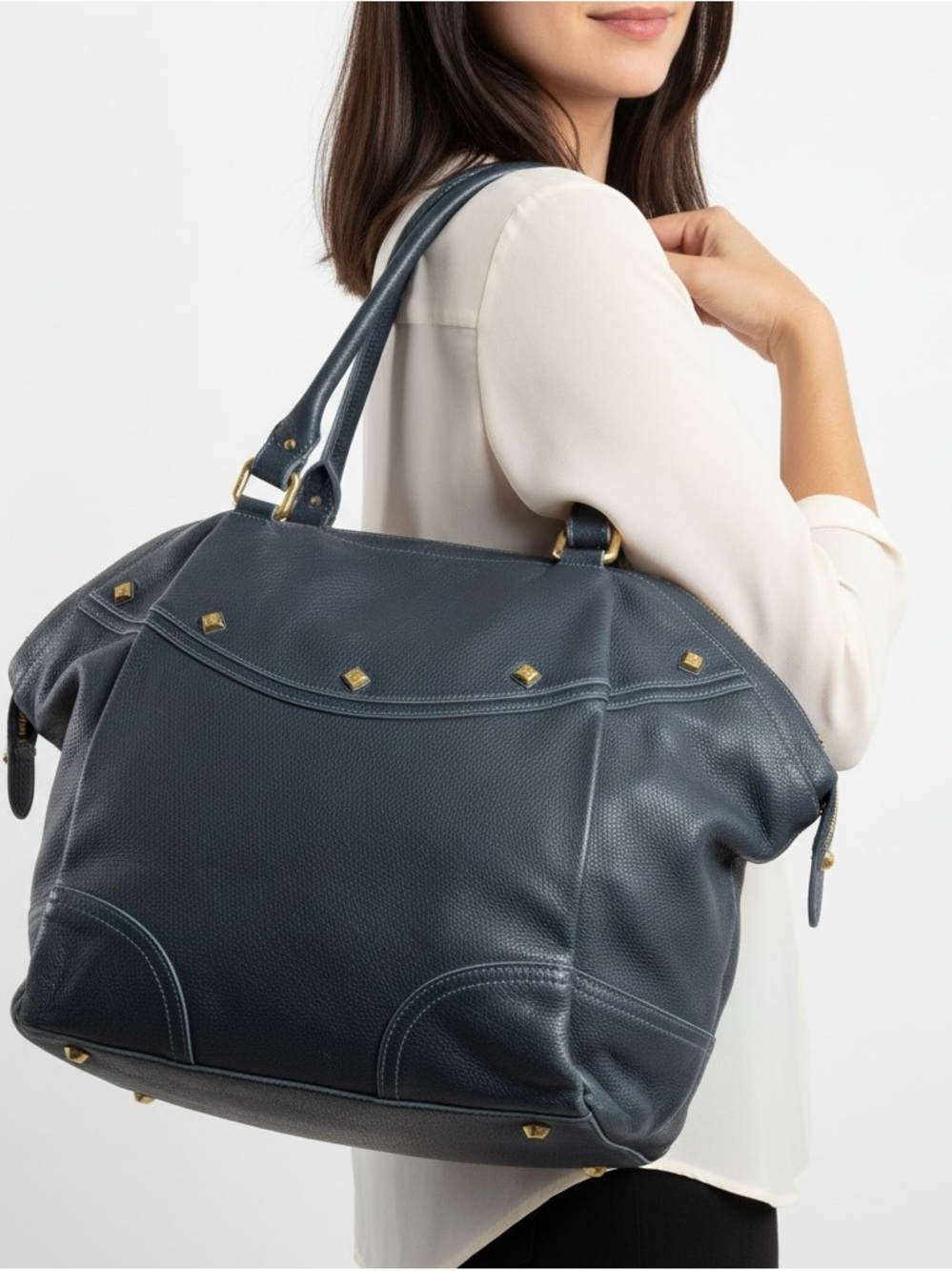 Navy Blue Leather Tote Bag